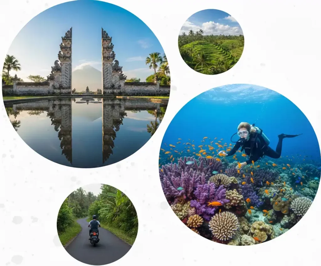 Collage mit Taucherin am bunten Korallenriff in Amed, Lempuyang Tempel vor dem Mount Agung, balinesischen Reisterrassen und einer Rollerfahrt durch den Dschungel.