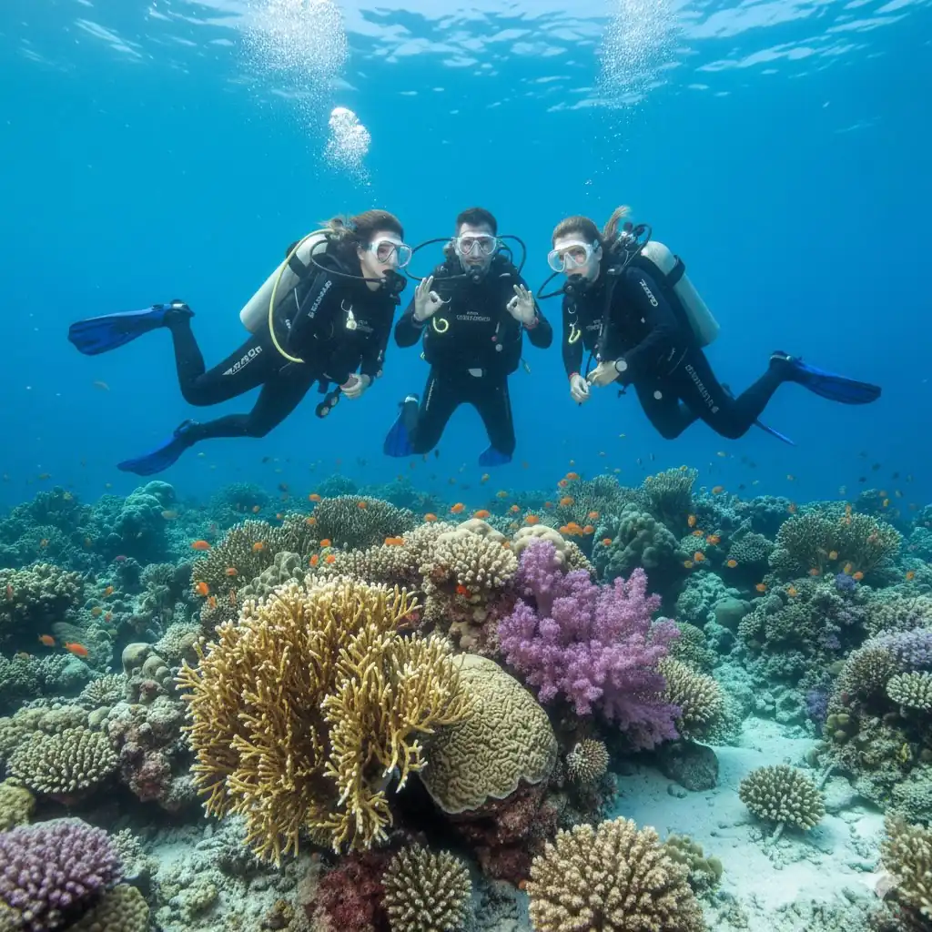 Drei Taucher schweben während eines PADI Open Water Diver Kurses gemeinsam über einem bunten Korallenriff in Amed, Bali.