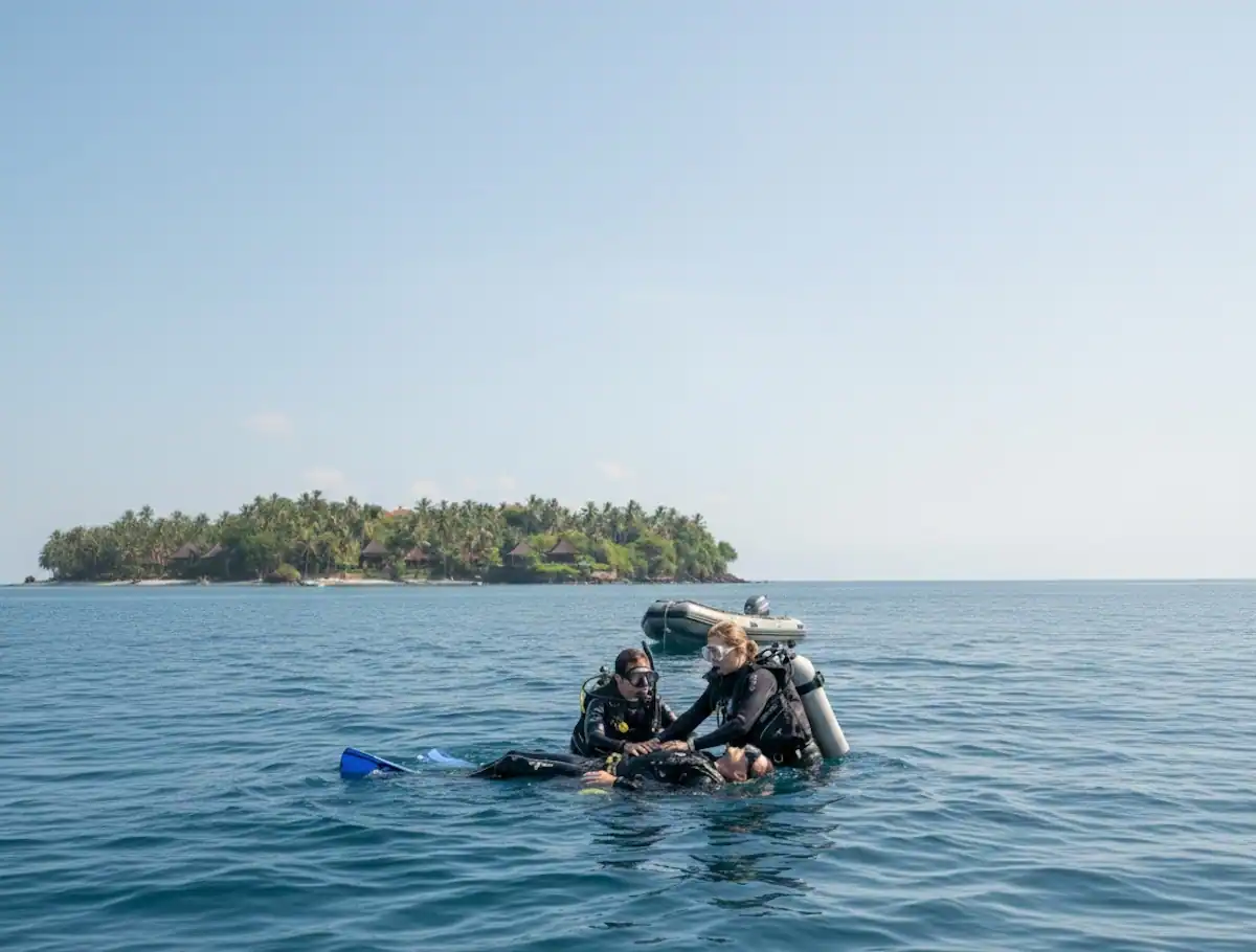 Tauchschüler üben eine Rettungsaktion an der Wasseroberfläche während eines PADI Rescue Diver Kurses mit Liquid Blue Bali in Amed, Bali.