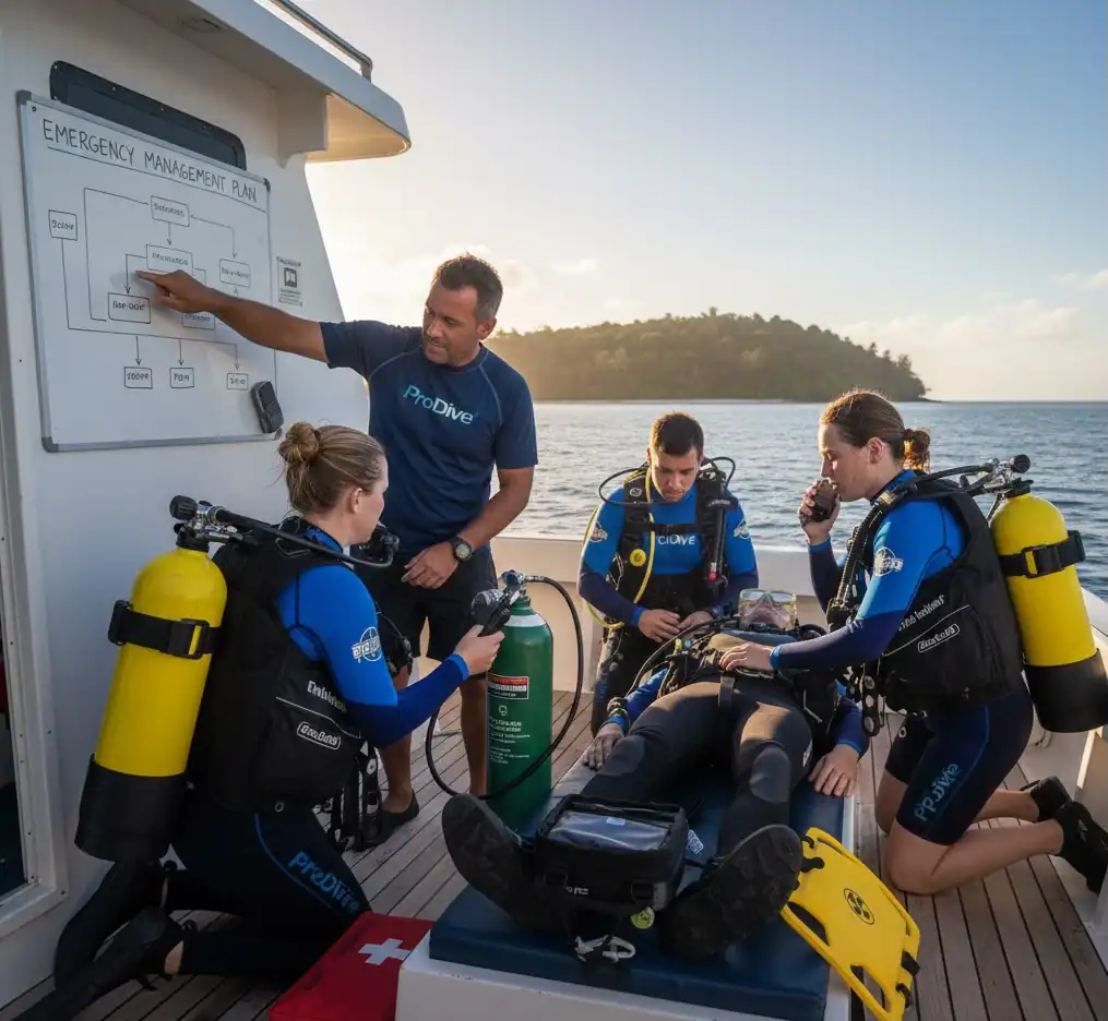 Tauchschüler üben ein Notfallszenario auf einem Boot während eines PADI Rescue Diver Kurses mit Liquid Blue Bali in Amed.