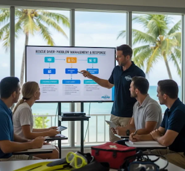 Ein PADI Instruktor erklärt das Notfallmanagement an einem Monitor vor einer Gruppe Tauchschüler während der Rescue Diver Theorie in Amed, Bali.