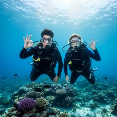 Zwei glückliche Schnuppertaucher geben das OK-Zeichen unter Wasser über einem gesunden Korallenriff in Amed, Bali.