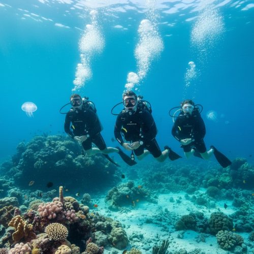 Drei Taucher gleiten nebeneinander über einem bunten Korallenriff in Amed, Bali – ein gemeinsamer Tauchgang für Familie und Freunde.