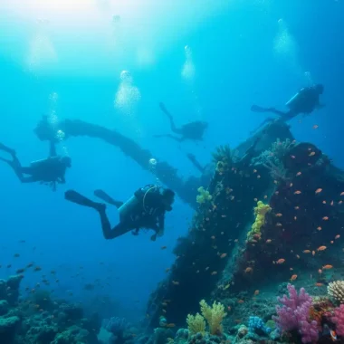 Eine Gruppe von Tauchern erkundet ein bewachsenes Schiffswrack in der Region Amed/Tulamben – perfekt für das 40er Family and Friends Tauchpaket von Liquid Blue Bali.