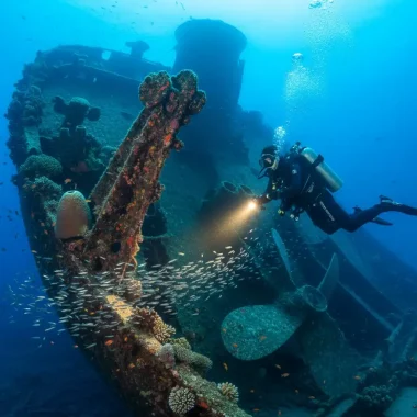 Ein Taucher mit Taschenlampe erkundet das bewachsene Heck und die Schiffsschraube des USAT Liberty Wracks in Tulamben bei Amed, Bali.